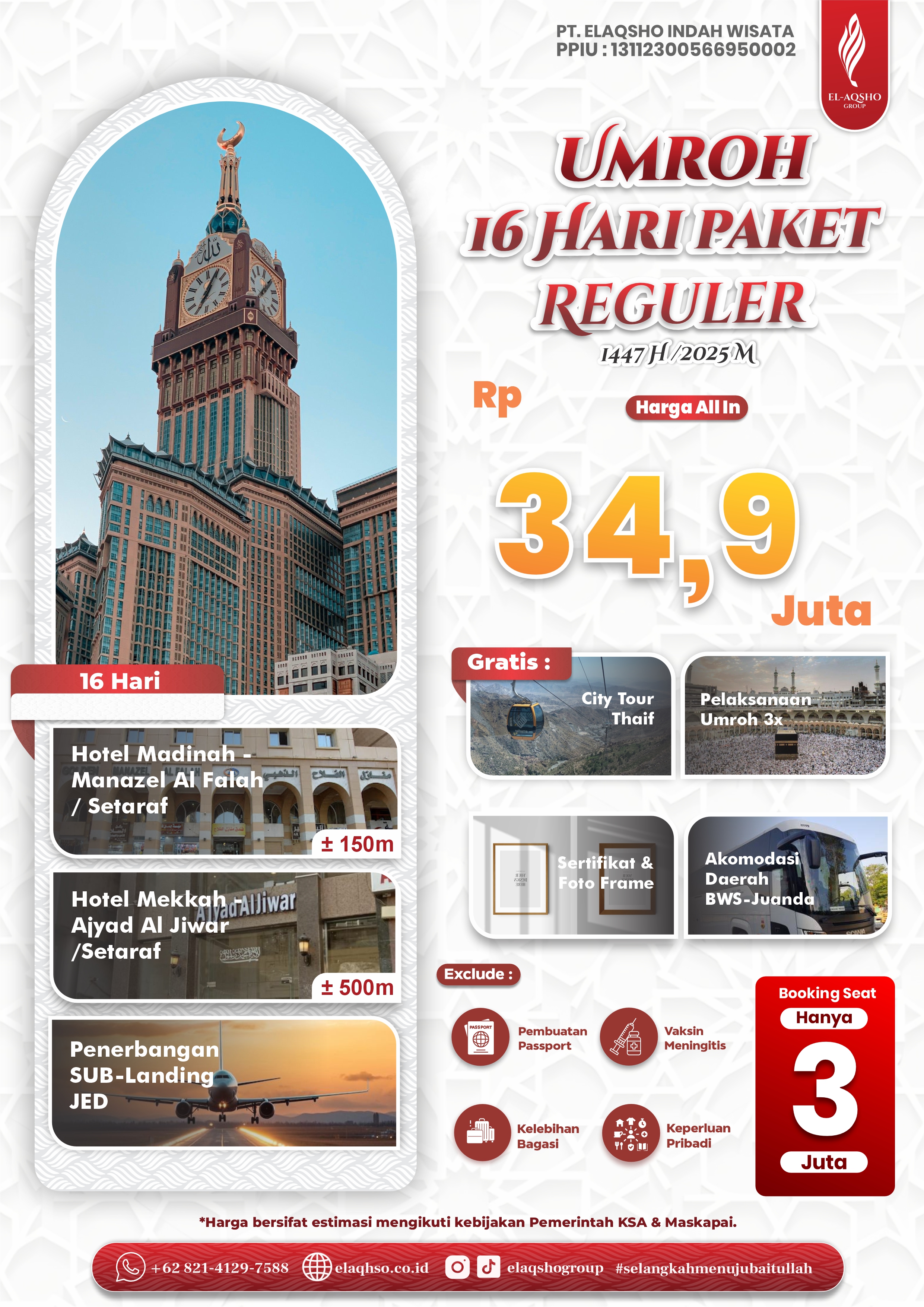 Promo Umroh 16 Hari Paket Reguler El-Aqsho Group
